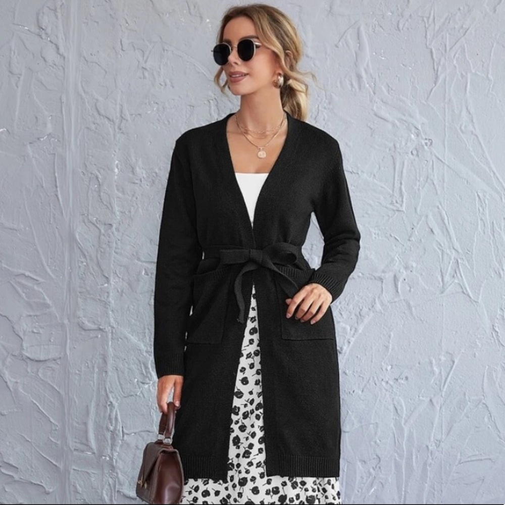 SHEIN Open Front Patch Pocket Belted Cardigan